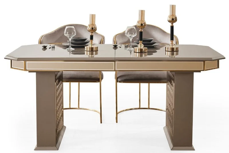 Casa Padrino Luxus Art Deco Esszimmer Set Grau / Gold - 1 Ausziehbarer Esstisch & 6 Esszimmerstühle mit Armlehnen - Esszimmer Möbel - Art Deco Möbel - Luxus Möbel - Art Deco Einrichtung
