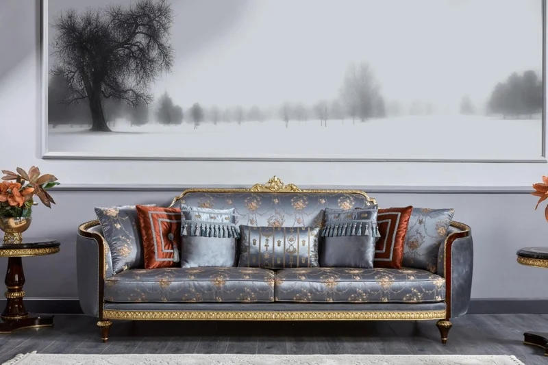 Casa Padrino Luxus Barock Sofa Blau / Dunkelbraun / Gold - Prunkvolles Wohnzimmer Sofa - Barockstil Wohnzimmer Möbel - Luxus Möbel im Barockstil - Barock Einrichtung - Edel & Prunkvoll