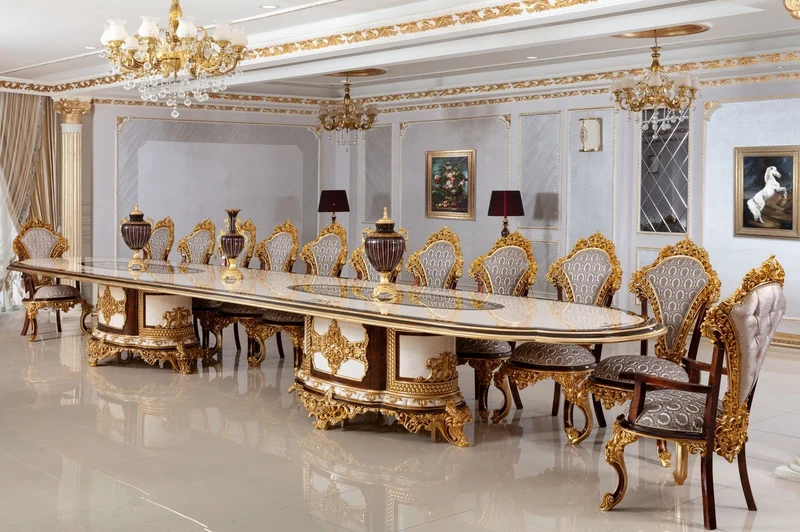 Casa Padrino Luxus Barock Esszimmer Set Weiß / Braun / Grau / Gold - 1 Barock Esstisch & 22 Barock Esszimmerstühle - Hotel Möbel - Schloss Möbel - Palast Möbel - Luxus Möbel im Barockstil