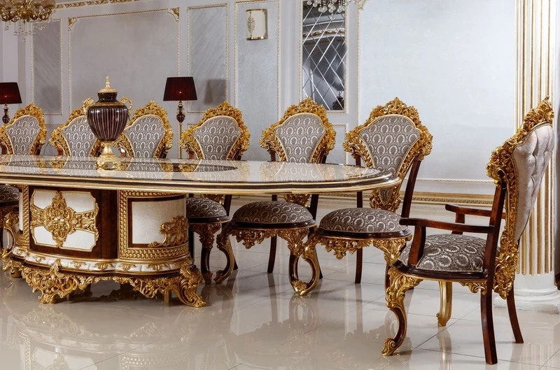 Casa Padrino Luxus Barock Esszimmer Set Weiß / Braun / Grau / Gold - 1 Barock Esstisch & 22 Barock Esszimmerstühle - Hotel Möbel - Schloss Möbel - Palast Möbel - Luxus Möbel im Barockstil