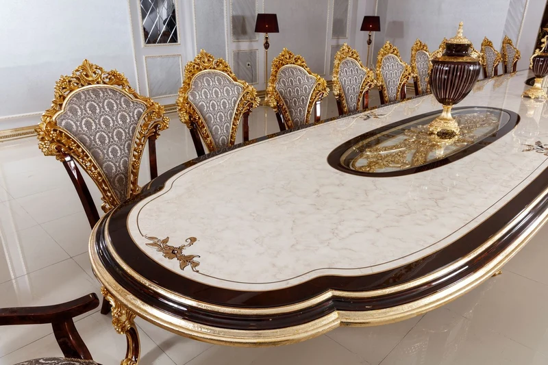 Casa Padrino Luxus Barock Esszimmer Set Weiß / Braun / Grau / Gold - 1 Barock Esstisch & 22 Barock Esszimmerstühle - Hotel Möbel - Schloss Möbel - Palast Möbel - Luxus Möbel im Barockstil