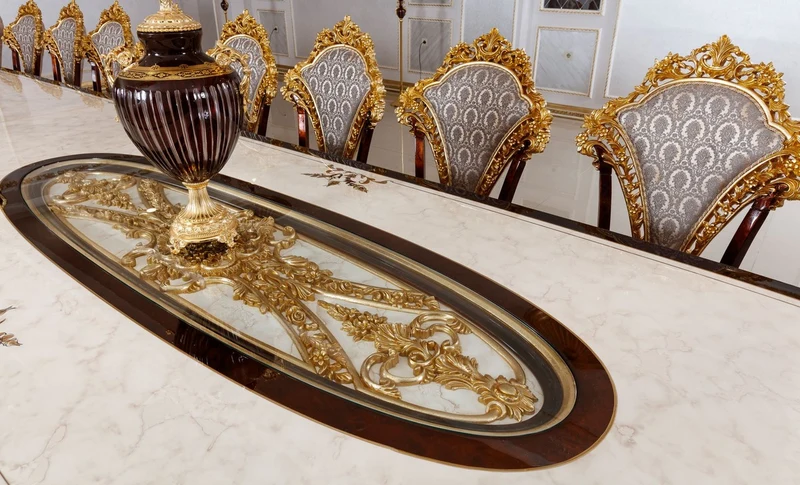 Casa Padrino Luxus Barock Esszimmer Set Weiß / Braun / Grau / Gold - 1 Barock Esstisch & 22 Barock Esszimmerstühle - Hotel Möbel - Schloss Möbel - Palast Möbel - Luxus Möbel im Barockstil