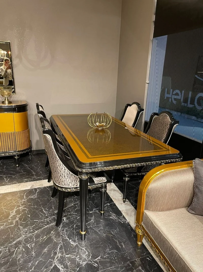 Casa Padrino Luxus Barock Esszimmer Set Gold / Schwarz / Gold - 1 Barock Esstisch & 6 Barock Esszimmerstühle - Barock Esszimmer Möbel - Luxus Möbel im Barockstil - Edel & Prunkvoll
