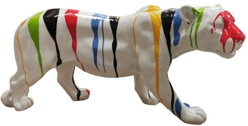 Casa Padrino Luxus Deko Skulptur Panther Weiß / Mehrfarbig H. 80 x H. 35 cm - Große Deko Figur - XXL Deko Skulptur - XXL Deko Figur - Wohnzimmer Deko - Garten Deko - Luxus Figuren