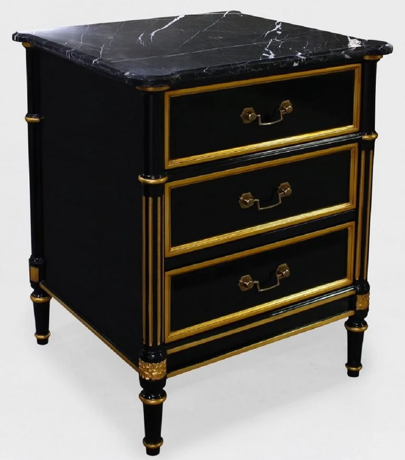 Casa Padrino Luxus Barock Nachtkommode Schwarz / Gold - Barock Mahagoni Nachttisch mit 3 Schubladen und Marmorplatte - Barock Schlafzimmer Möbel - Luxus Möbel in Barockstil - Edel & Prunkvoll