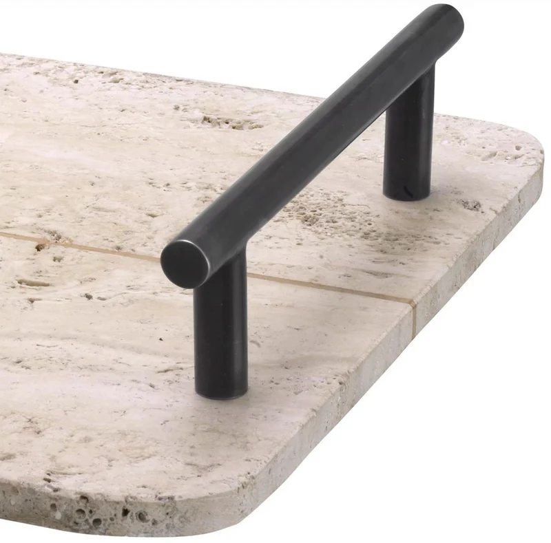Casa Padrino Luxus Serviertablett Beige / Bronze 48 x 34 x H. 8 cm - Rechteckiges Travertin Naturstein Tablett mit Tragegriffen - Gastronomie & Restaurant Accessoires - Luxus Accessoires
