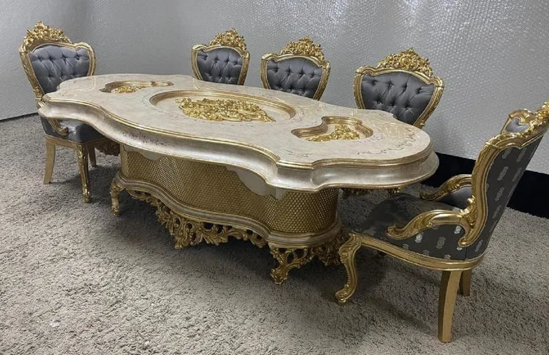 Casa Padrino Luxus Barock Esszimmer Set Mehrfarbig / Grau / Gold - 1 Barock Esstisch & 8 Barock Esszimmerstühle - Barock Esszimmer Möbel - Luxus Esszimmer Möbel im Barockstil - Edel & Prunkvoll