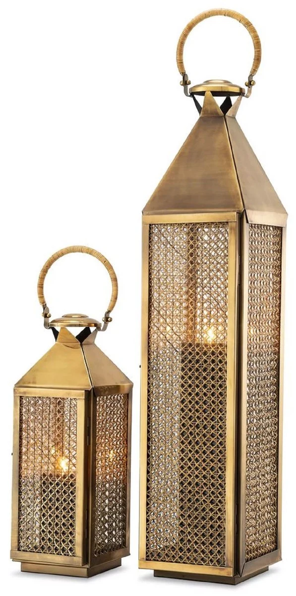 Casa Padrino Luxus Kerzenleuchter Vintage Messing 18,5 x 20 x H. 67 cm - Edelstahl Laterne mit Tragegriff - Gastronomie Accessoires - Restaurant Accessoires - Hotel Accessoires - Deko Accessoires
