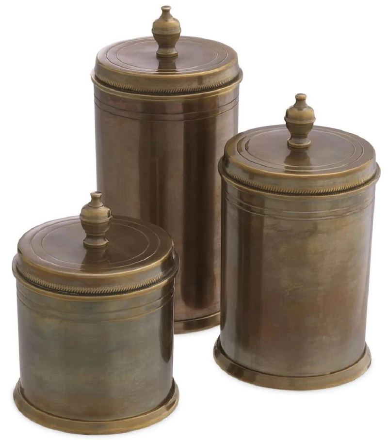 Casa Padrino Luxus Keksdosen 3er Set Vintage Messing - Runde Messing Aufbewahrungsdosen mit Deckel - Luxus Accessoires - Esszimmer Accessoires - Hotel & Restaurant Accessoires