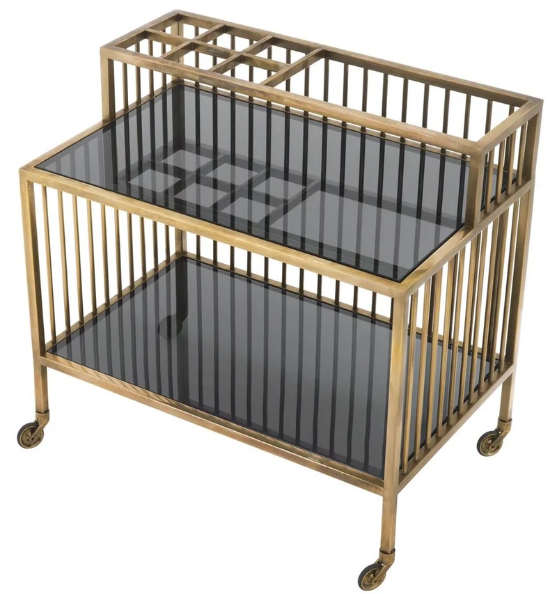 Casa Padrino Luxus Servierwagen Vintage Messing / Grau 80 x 50,5 x H. 76,5 cm - Hotel Restaurant Gastronomie Trolley - Luxus Hotel Restaurant Gastronomie Accessoires - Luxus Möbel