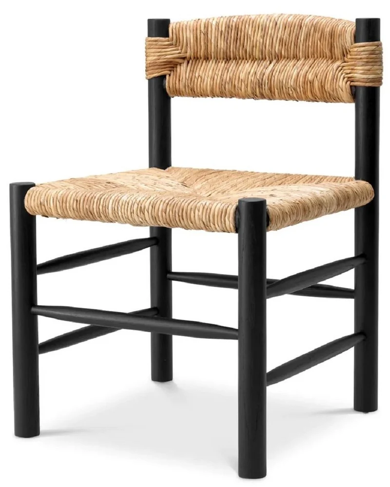 Casa Padrino Luxus Esszimmer Stuhl Schwarz / Naturfarben 54 x 62,5 x H. 80,5 cm - Massivholz Küchen Stuhl - Esszimmer Möbel - Luxus Möbel - Esszimmer Einrichtung - Luxus Einrichtung