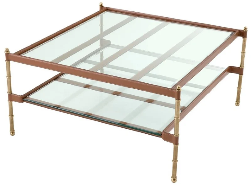 Casa Padrino Luxus Couchtisch Vintage Messing / Braun 89 x 87,5 x H. 44 cm - Wohnzimmertisch mit Glasplatten und Echtleder - Wohnzimmer Möbel - Hotel Möbel - Luxus Möbel - Luxus Einrichtung