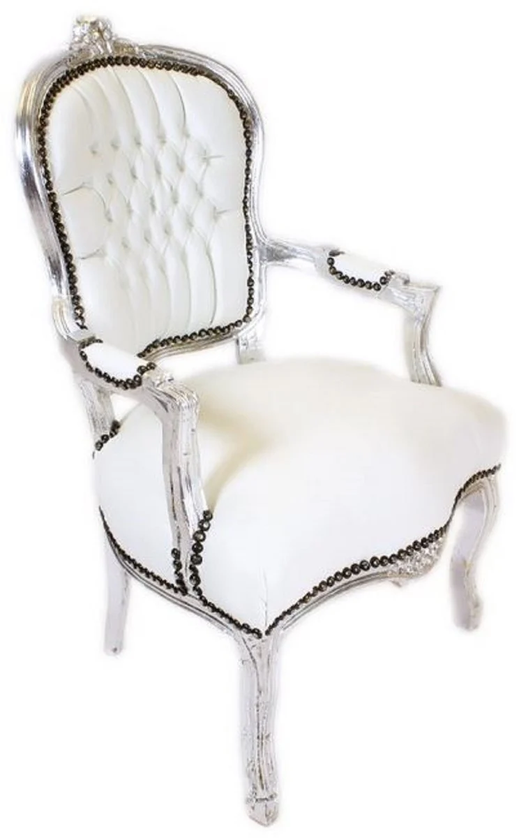 Casa Padrino Barock Salon Stuhl Weiß / Silber - Handgefertigter Antik Stil Stuhl mit edlem Kunstleder - Möbel im Barockstil - Barock Möbel - Barock Einrichtung
