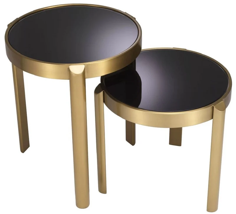 Casa Padrino Luxus Beistelltisch Set Messing / Schwarz - 2 runde Edelstahl Tische mit Glasplatten - Wohnzimmer Möbel - Hotel Möbel - Luxus Möbel - Luxus Einrichtung - Möbel Luxus