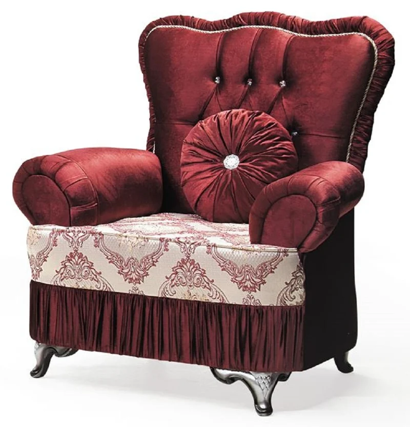 Casa Padrino Luxus Barock Sessel Bordeauxrot / Creme / Silber - Wohnzimmer Sessel mit Muster und Glitzersteinen - Barockstil Wohnzimmer Möbel - Luxus Möbel im Barockstil - Barock Einrichtung