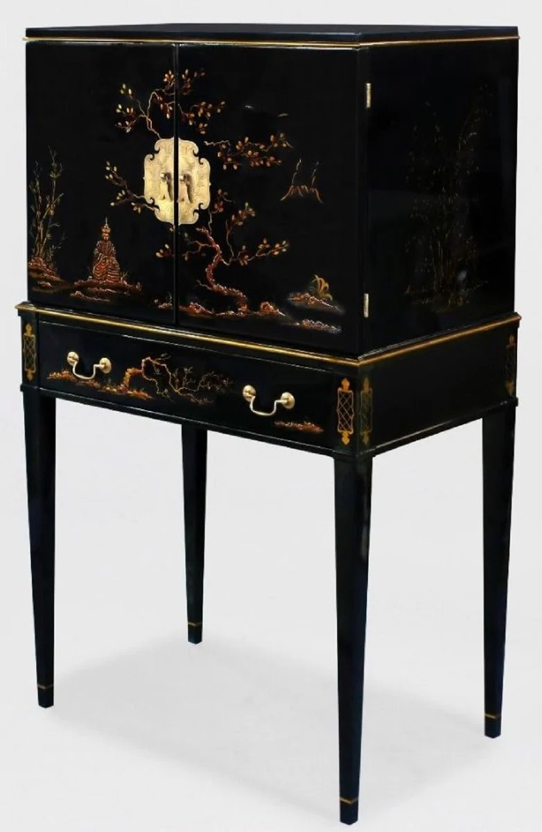 Casa Padrino Luxus Barock Schrank mit 11 Schubladen Schwarz / Gold - Wohnzimmer Schrank im chinesischen Stil - Büroschrank - Luxus Möbel im Barockstil - Barock Möbel - Barock Einrichtung