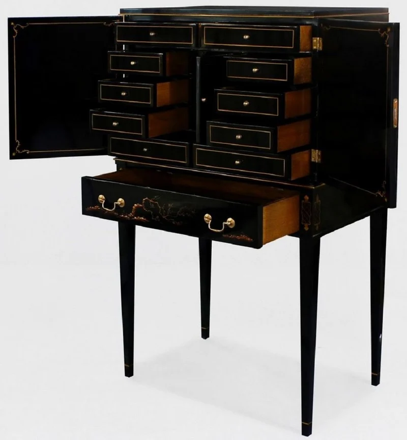 Casa Padrino Luxus Barock Schrank mit 11 Schubladen Schwarz / Gold - Wohnzimmer Schrank im chinesischen Stil - Büroschrank - Luxus Möbel im Barockstil - Barock Möbel - Barock Einrichtung