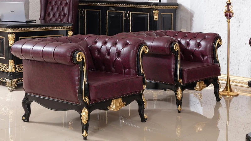 Casa Padrino Luxus Barock Chesterfield Leder Sessel Bordeauxrot / Schwarz / Gold - Prunkvoller Echtleder Wohnzimmer Sessel - Luxus Wohnzimmer Möbel im Barockstil - Barock Leder Möbel