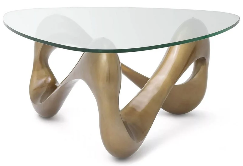 Casa Padrino Luxus Couchtisch Vintage Messing 100,5 x 98 x H. 43,5 cm - Aluminium Wohnzimmertisch mit Glasplatte - Wohnzimmer Möbel - Luxus Möbel - Luxus Einrichtung - Wohnzimmer Einrichtung