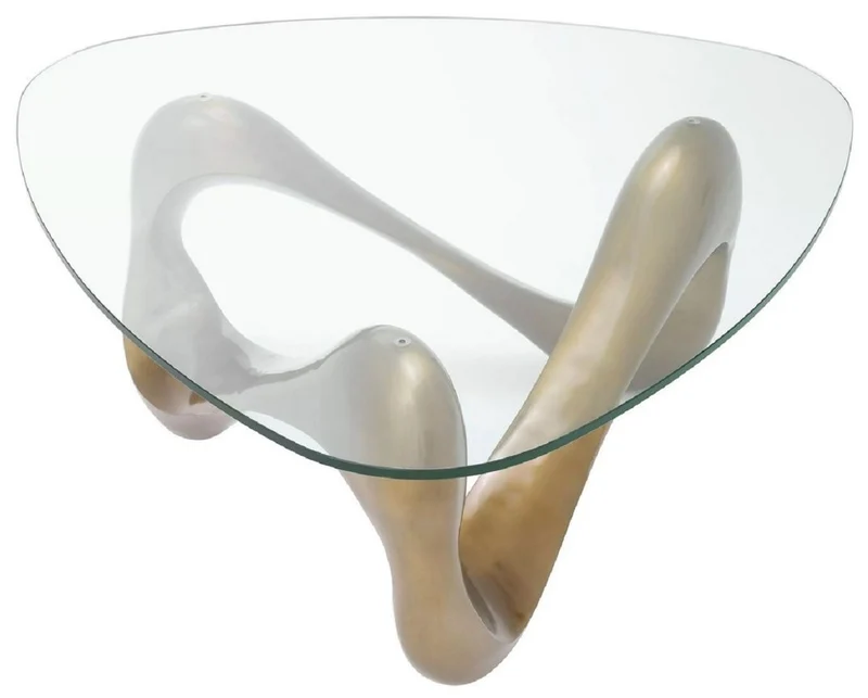 Casa Padrino Luxus Couchtisch Vintage Messing 100,5 x 98 x H. 43,5 cm - Aluminium Wohnzimmertisch mit Glasplatte - Wohnzimmer Möbel - Luxus Möbel - Luxus Einrichtung - Wohnzimmer Einrichtung