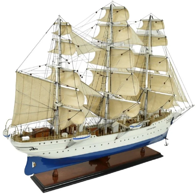Casa Padrino Luxus Segelschiff Christian Radich Weiß / Blau 97 x 30 x H. 70 cm - Handgefertigtes Deko Schiff - Holzschiff - Modellschiff - Deko Accessoires - Luxus Wohnzimmer Deko