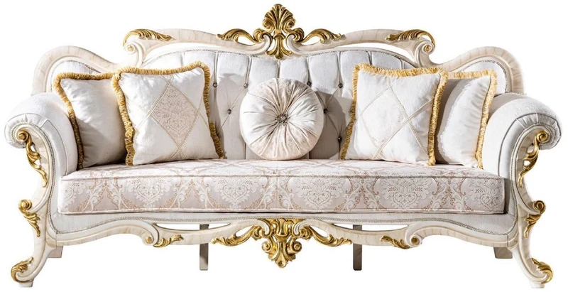 Casa Padrino Luxus Barock Sofa Weiß / Braun / Weiß / Beige / Gold - Prunkvolles Wohnzimmer Sofa mit Glitzersteinen - Barockstil Wohnzimmer Möbel - Luxus Möbel im Barockstil - Barock Einrichtung