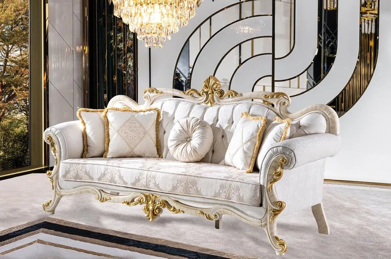 Casa Padrino Luxus Barock Sofa Weiß / Braun / Weiß / Beige / Gold - Prunkvolles Wohnzimmer Sofa mit Glitzersteinen - Barockstil Wohnzimmer Möbel - Luxus Möbel im Barockstil - Barock Einrichtung