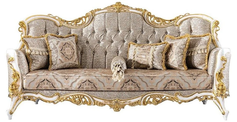 Casa Padrino Luxus Barock Sofa Silber / Beige / Schwarz / Weiß / Gold - Prunkvolles Wohnzimmer Sofa mit Glitzersteinen - Barockstil Wohnzimmer Möbel - Luxus Möbel im Barockstil - Barock Einrichtung