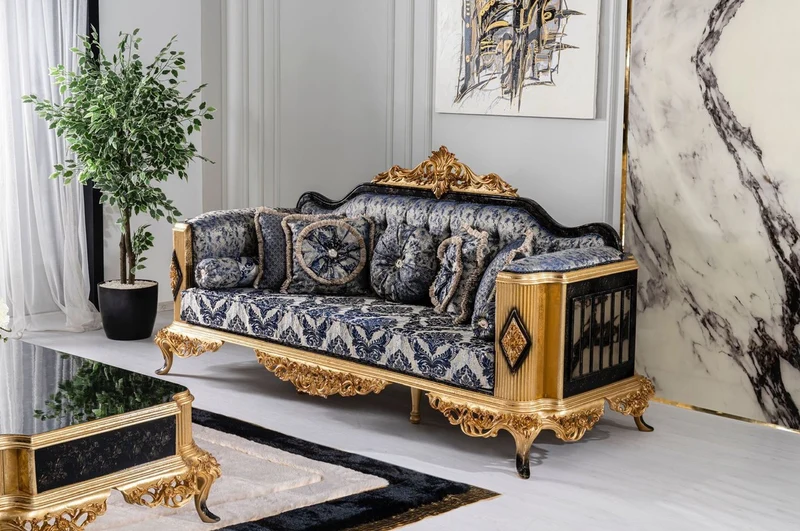 Casa Padrino Luxus Barock Sofa Blau / Schwarz / Gold - Prunkvolles Wohnzimmer Sofa - Barockstil Wohnzimmer Möbel - Luxus Möbel im Barockstil - Barock Wohnzimmer Einrichtung
