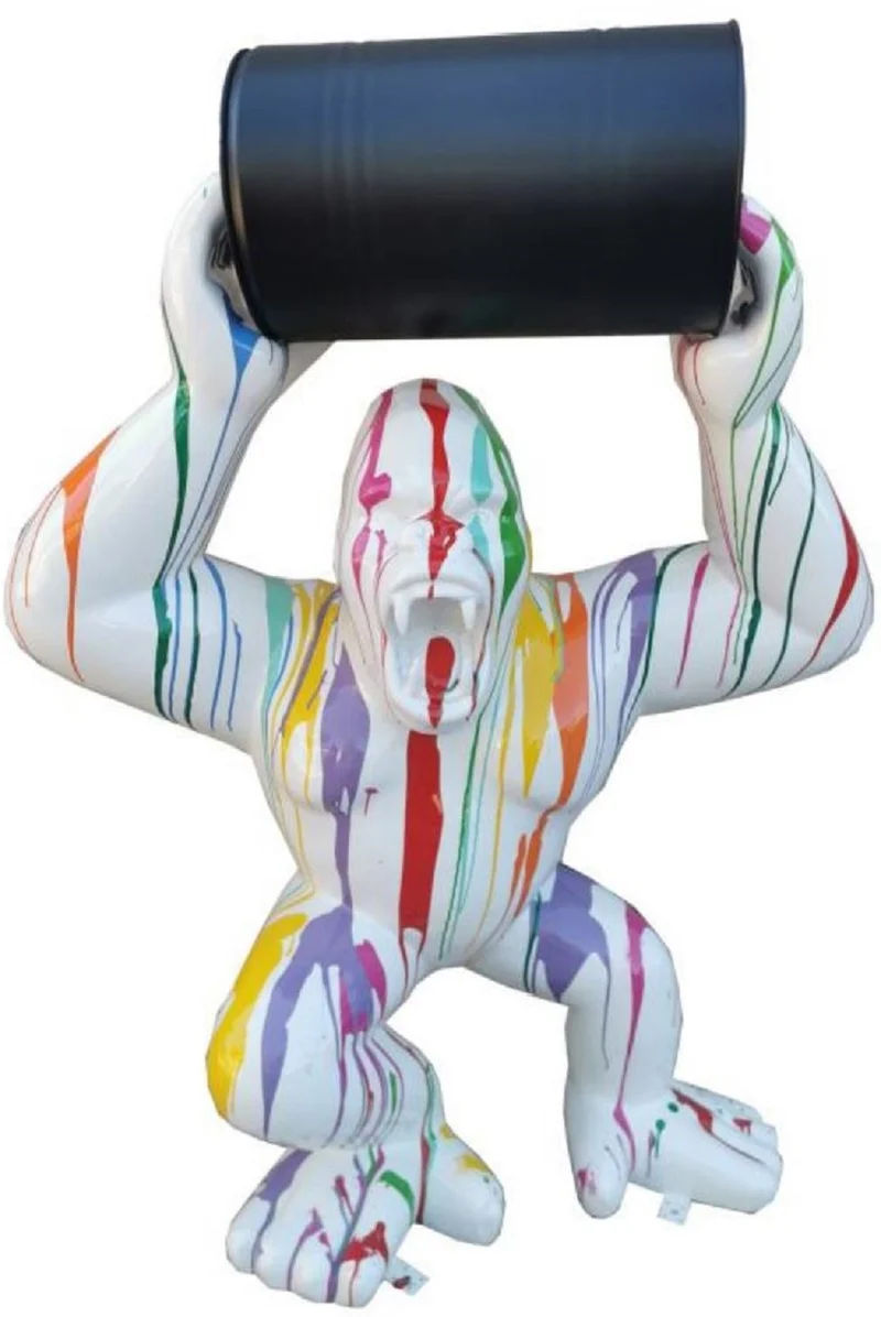 Casa Padrino Luxus Deko Skulptur Gorilla Affe mit Fass Weiß / Mehrfarbig / Schwarz H. 140 cm - Große Deko Figur - XXL Deko Skulptur - XXL Deko Figur - Wohnzimmer Deko - Garten Deko - Luxus Figuren