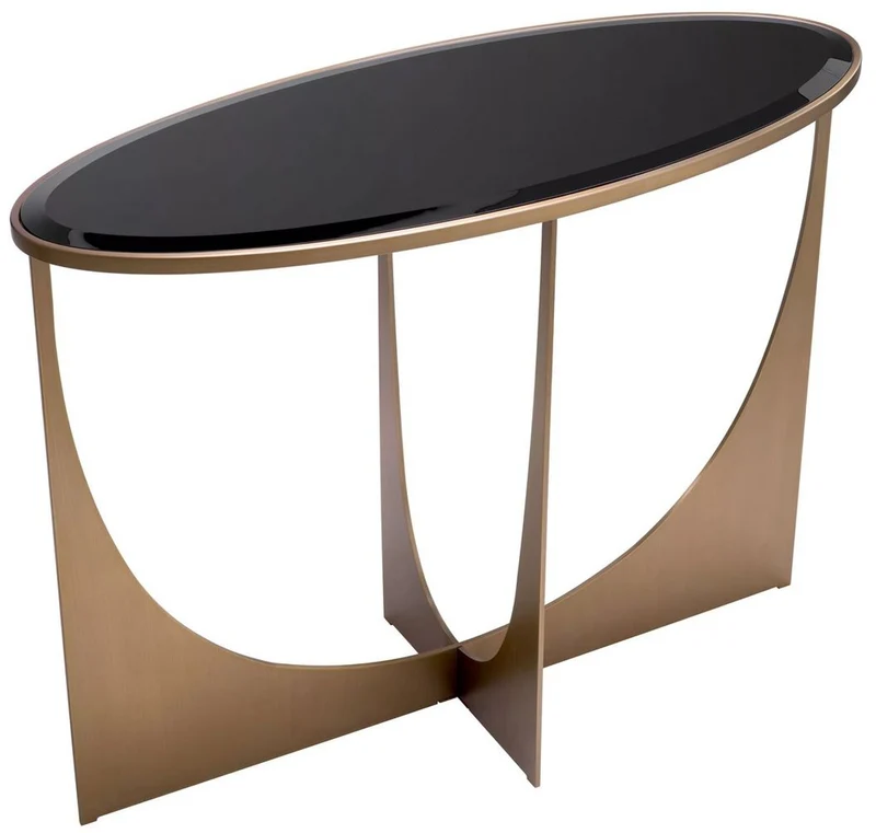 Casa Padrino Luxus Konsole Messing / Schwarz 101,5 x 41,5 x H. 78,5 cm - Ovaler Edelstahl Konsolentisch mit Glasplatte - Luxus Möbel - Wohnzimmer Möbel - Luxus Einrichtung - Wohnzimmer Einrichtung