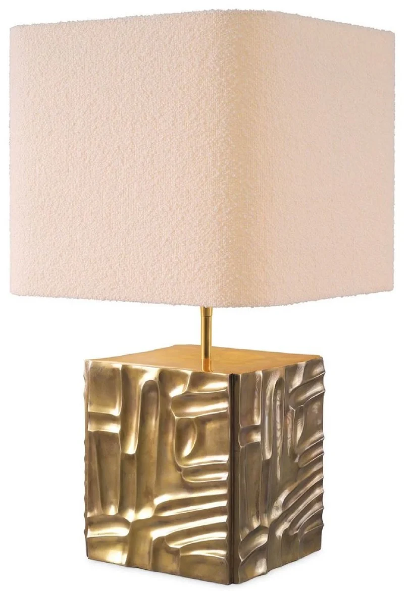 Casa Padrino Luxus Tischleuchte Vintage Messing / Creme 35 x 35 x H. 62 cm - Schreibtischleuchte mit quadratischem Samt Lampenschirm - Luxus Tischleuchten - Luxus Schreibtischleuchten