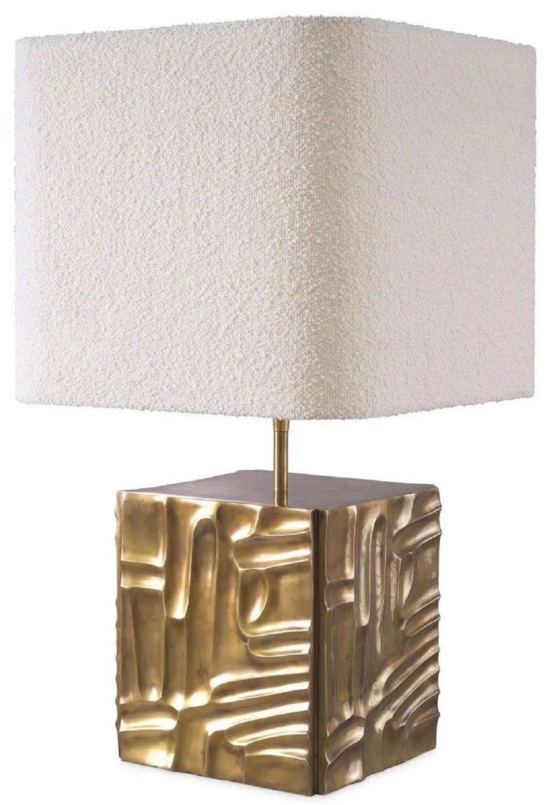 Casa Padrino Luxus Tischleuchte Vintage Messing / Creme 35 x 35 x H. 62 cm - Schreibtischleuchte mit quadratischem Samt Lampenschirm - Luxus Tischleuchten - Luxus Schreibtischleuchten