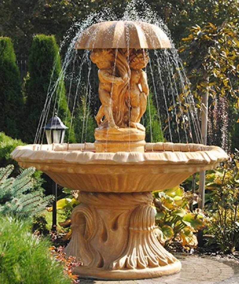 Casa Padrino Jugendstil Springbrunnen Kinder mit Regeschirm Beige Ø 155 x H. 176 cm - Prunkvoller Gartenbrunnen - Gartendeko Brunnen - Barock & Jugendstil Garten Deko Accessoires