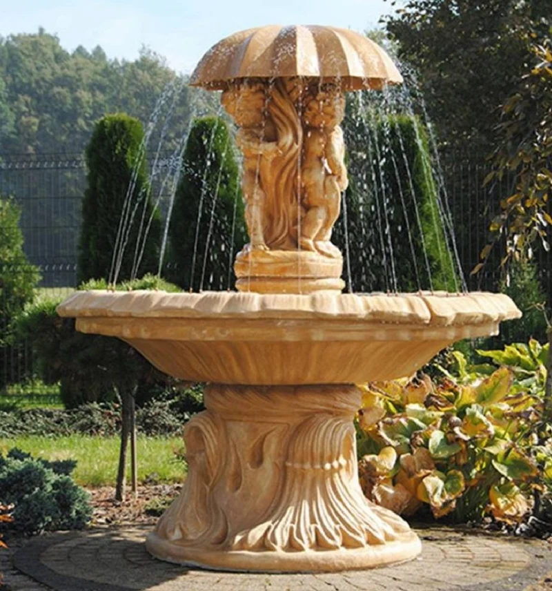 Casa Padrino Jugendstil Springbrunnen Kinder mit Regeschirm Beige Ø 155 x H. 176 cm - Prunkvoller Gartenbrunnen - Gartendeko Brunnen - Barock & Jugendstil Garten Deko Accessoires