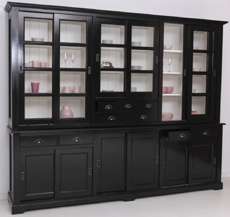 Casa Padrino Landhausstil Esszimmerschrank Schwarz / Weiß 280 x 55 x H. 225 cm - Massivholz Küchenschrank - Esszimmer Möbel im Landhausstil - Landhausstil Esszimmer Einrichtung