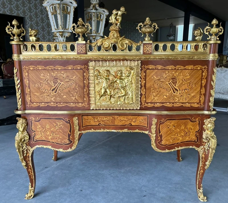 Casa Padrino Luxus Barock Sekretär Braun Intarsien / Gold - Prunkvoller Schreibtisch im Barockstil - Barock Büro Möbel - Möbel im Barockstil - Barock Büro Einrichtung - Edel & Prunkvoll
