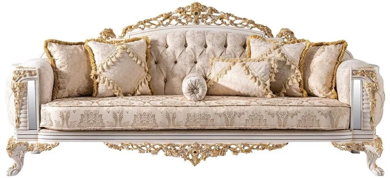 Casa Padrino Luxus Barock Wohnzimmer Set Beige / Weiß / Gold - 2 Barock Sofas & 2 Barock Sessel & 1 Barock Couchtisch - Luxus Wohnzimmer Möbel im Barockstil - Barock Möbel - Edel & Prunkvoll