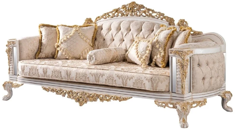 Casa Padrino Luxus Barock Wohnzimmer Set Beige / Weiß / Gold - 2 Barock Sofas & 2 Barock Sessel & 1 Barock Couchtisch - Luxus Wohnzimmer Möbel im Barockstil - Barock Möbel - Edel & Prunkvoll