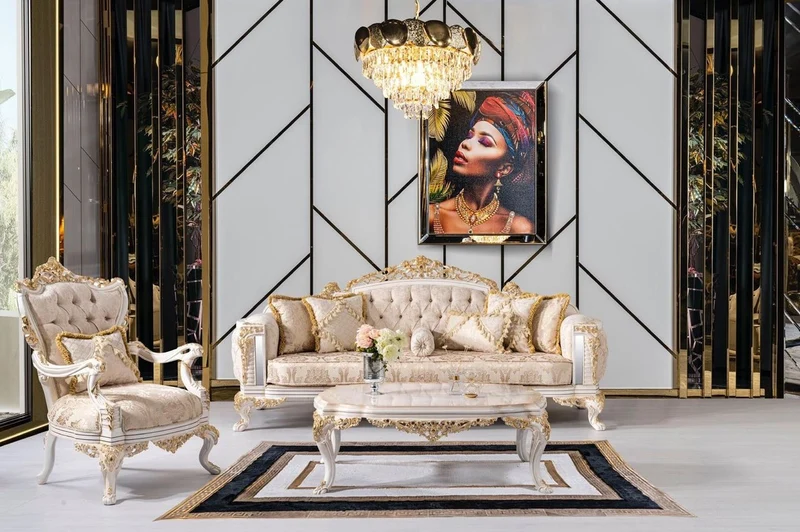 Casa Padrino Luxus Barock Wohnzimmer Set Beige / Weiß / Gold - 2 Barock Sofas & 2 Barock Sessel & 1 Barock Couchtisch - Luxus Wohnzimmer Möbel im Barockstil - Barock Möbel - Edel & Prunkvoll
