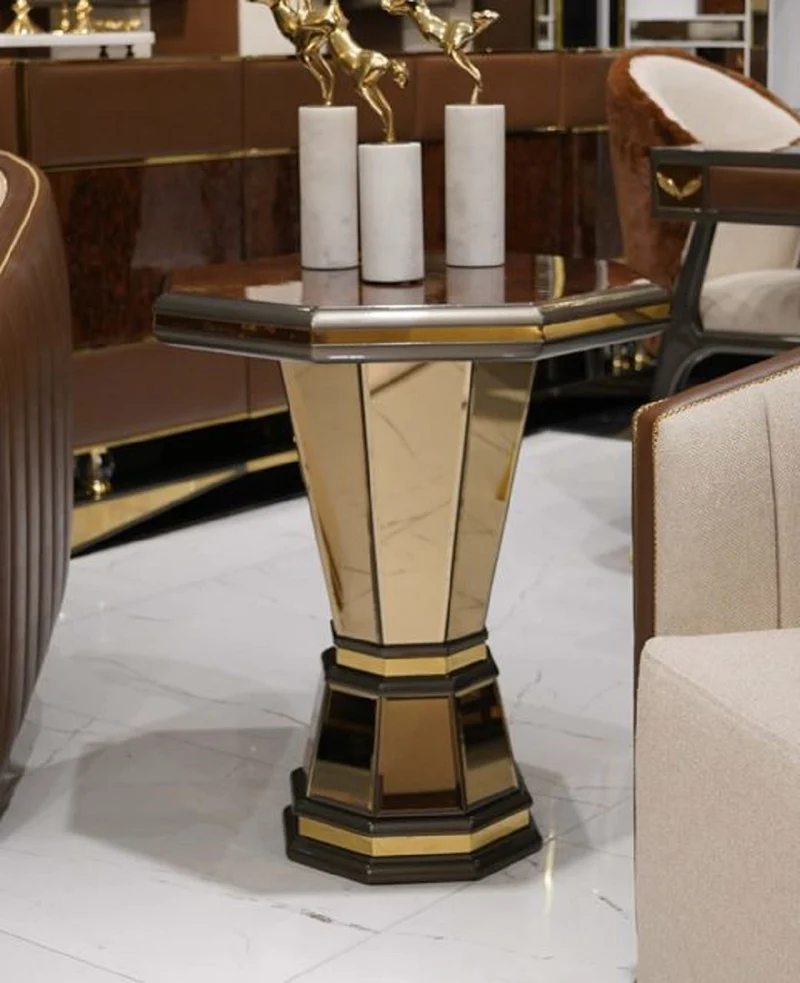 Casa Padrino Luxus Beistelltisch Braun / Grau / Gold - Verspiegelter 8 eckiger Massivholz Tisch - Wohnzimmer Möbel - Wohnzimmer Einrichtung - Luxus Möbel - Luxus Einrichtung - Luxus Qualität