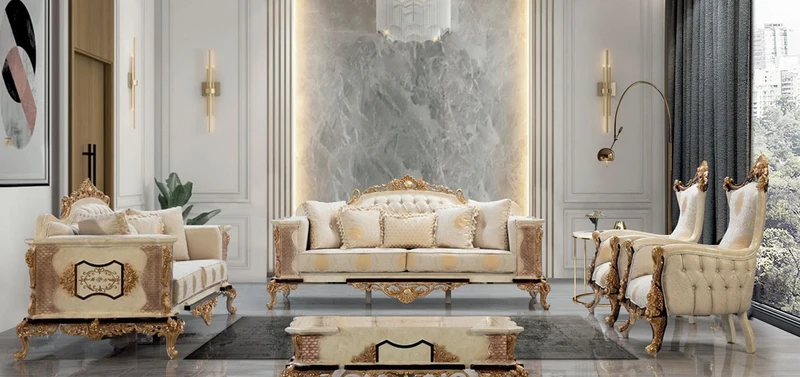 Casa Padrino Luxus Barock Wohnzimmer Set Weiß / Beige / Gold - 2 Barock Sofas & 2 Barock Sessel & 1 Barock Couchtisch - Luxus Wohnzimmer Möbel im Barockstil - Barock Möbel - Edel & Prunkvoll