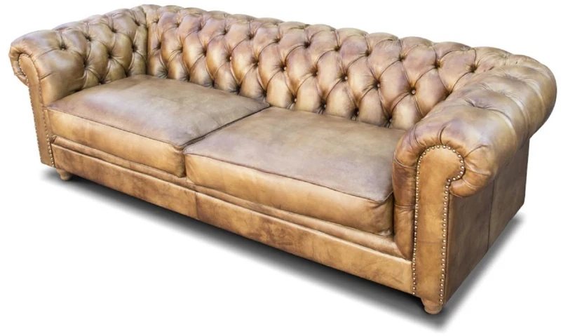 Casa Padrino Luxus Chesterfield Leder Sofa Vintage Hellbraun 240 x 100 x H. 80 cm - Echtleder Wohnzimmer Sofa - Wohnzimmer Möbel - Chesterfield Möbel - Luxus Möbel - Luxus Wohnzimmer Einrichtung