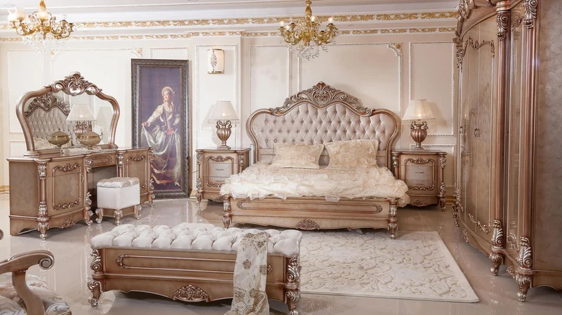 Casa Padrino Luxus Barock Schlafzimmer Set Grau / Kupfer / Silber - 1 Doppelbett mit Kopfteil & 2 Nachtkommoden - Barock Schlafzimmer Möbel - Luxus Möbel im Barockstil - Edel & Prunkvoll