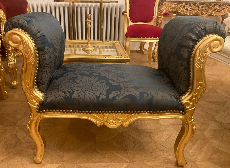 Casa Padrino Barock Schemel Dunkelblau / Grau / Gold - Handgefertigter Antik Stil Hocker - Barockstil Hocker - Wohnzimmer Möbel im Barockstil - Barockstil Möbel - Barock Möbel - Barock Einrichtung