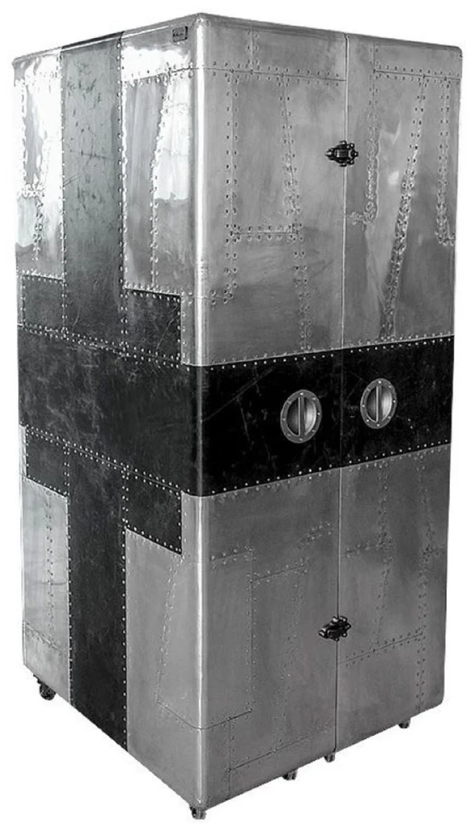 Casa Padrino Luxus Weinschrank im Koffer Design Silber / Schwarz 86 x 80 x H. 177 cm - Aluminium Barschrank - Kofferschrank - Flugzeug Möbel - Flieger Möbel - Aluminium Möbel - Luxus Bar Möbel