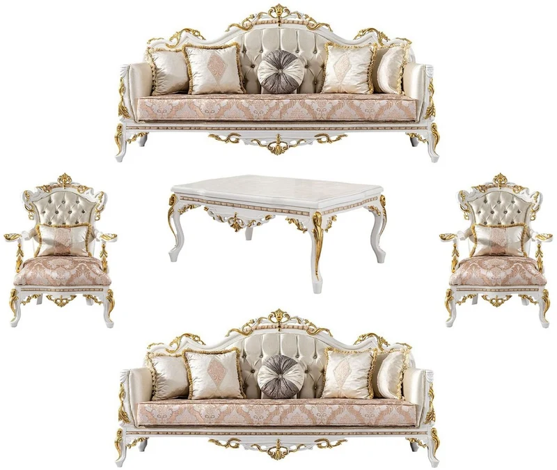 Casa Padrino Luxus Barock Wohnzimmer Set Gold / Silber / Braun / Weiß / Gold - 2 Barock Sofas & 2 Barock Sessel & 1 Barock Couchtisch - Luxus Wohnzimmer Möbel im Barockstil - Barock Möbel