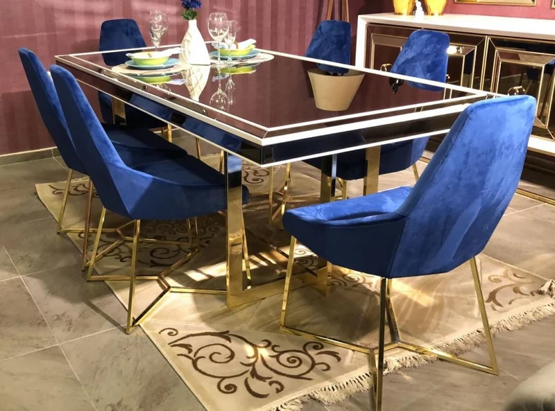 Casa Padrino Luxus Esszimmerstuhl 6er Set Blau / Gold 54 x 53 x H. 98 cm - Luxus Küchen Stühle - Esszimmer Möbel - Küchen Möbel - Luxus Möbel - Luxus Einrichtung - Esszimmer Einrichtung
