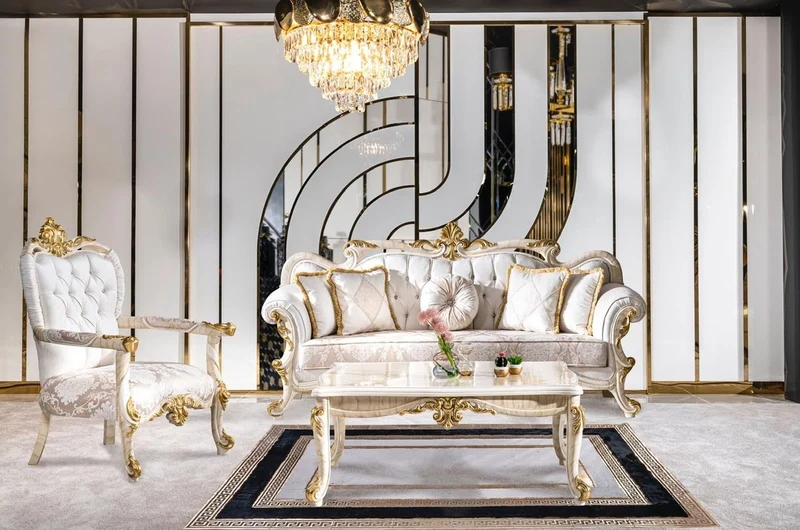 Casa Padrino Luxus Barock Wohnzimmer Set Weiß / Braun / Weiß / Beige / Gold - 2 Barock Sofas & 2 Barock Sessel & 1 Barock Couchtisch - Luxus Wohnzimmer Möbel im Barockstil - Barock Möbel