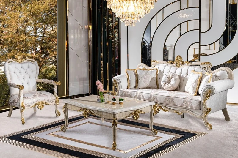 Casa Padrino Luxus Barock Wohnzimmer Set Weiß / Braun / Weiß / Beige / Gold - 2 Barock Sofas & 2 Barock Sessel & 1 Barock Couchtisch - Luxus Wohnzimmer Möbel im Barockstil - Barock Möbel
